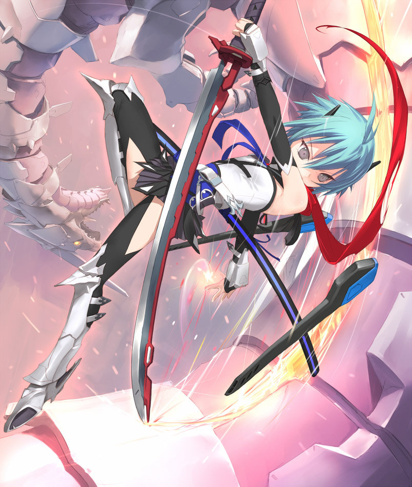 uni (plastic girl), original, 1girl, armor, bare shoulders, dragon, elbow gloves, female focus, gloves, short hair, skirt, solo, sword, weapon