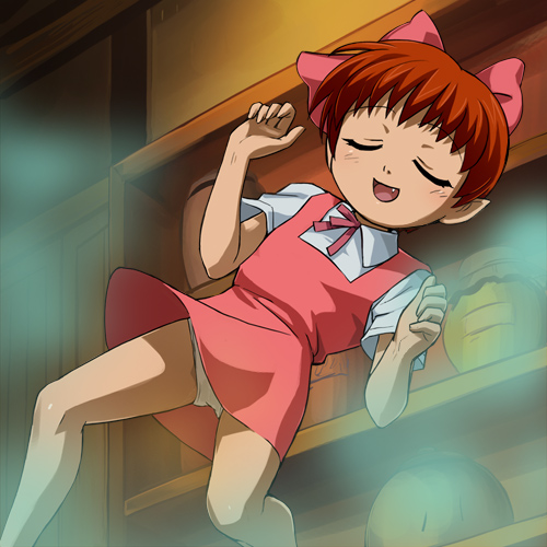haruyama kazunori, nekomusume, nekomusume (gegege no kitarou 5), gegege no kitarou, gegege no kitarou 5, toei company, lowres, 1girl, anime coloring, bow, brown hair, closed eyes, fang, female focus, hair ribbon, indoors, open mouth, panties, pantyshot, pink bow, ribbon, solo, underwear
