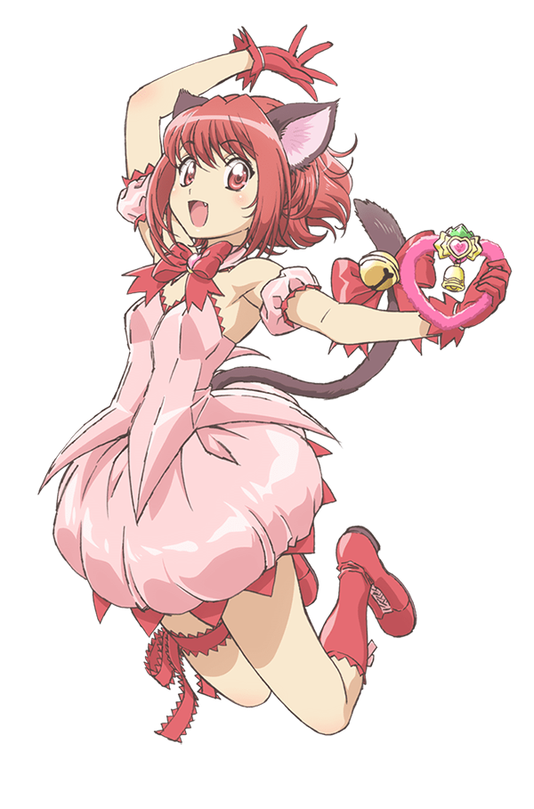ishino satoshi, mew ichigo, momomiya ichigo, tokyo mew mew, tokyo mew mew new, official art, 1girl, :d, animal ears, anime coloring, arm scrunchie, arm up, armpits, bell, blush, boots, bow, breasts, cat ears, cat girl, cat tail, dress, fang, full body, gloves, hand up, holding, jumping, looking at viewer, magical girl, medium breasts, open hand, open mouth, outstretched arm, pink dress, pink hair, pink scrunchie, red boots, red bow, red eyes, red gloves, red hair, ribbon, scrunchie, short hair, simple background, smile, solo, tail, tail ornament, tail ribbon, thigh strap, transparent background