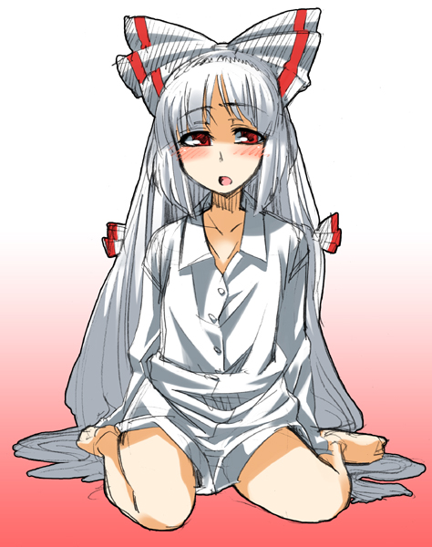 gengorou, fujiwara no mokou, touhou, silver hair, 1girl, barefoot, blush, dress shirt, female focus, full body, gradient background, kneeling, long hair, red eyes, shirt, sketch, solo, white background