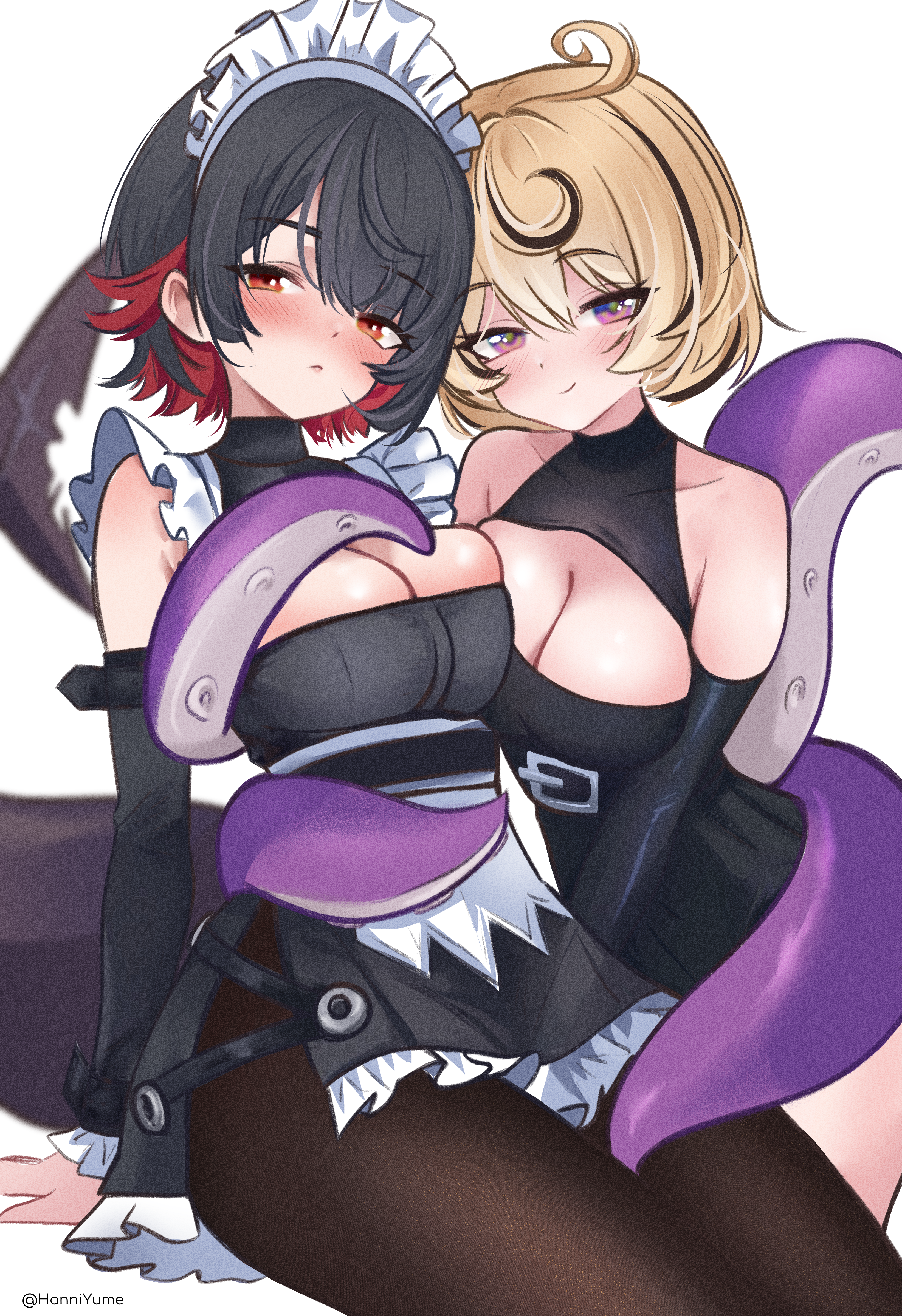 daria (user hktv8452), ellen joe, yidhari (zenless zone zero), zenless zone zero, absurdres, commentary, english commentary, highres, 2girls, ahoge, asymmetrical docking, bare shoulders, black hair, blonde hair, blush, breast press, breasts, cleavage, cleavage cutout, clothing cutout, colored inner hair, fins, fish tail, hair between eyes, large breasts, looking at viewer, maid, maid headdress, medium hair, multicolored hair, multiple girls, purple eyes, red eyes, red hair, shark girl, shark tail, simple background, smile, streaked hair, tail, tentacles, white background
