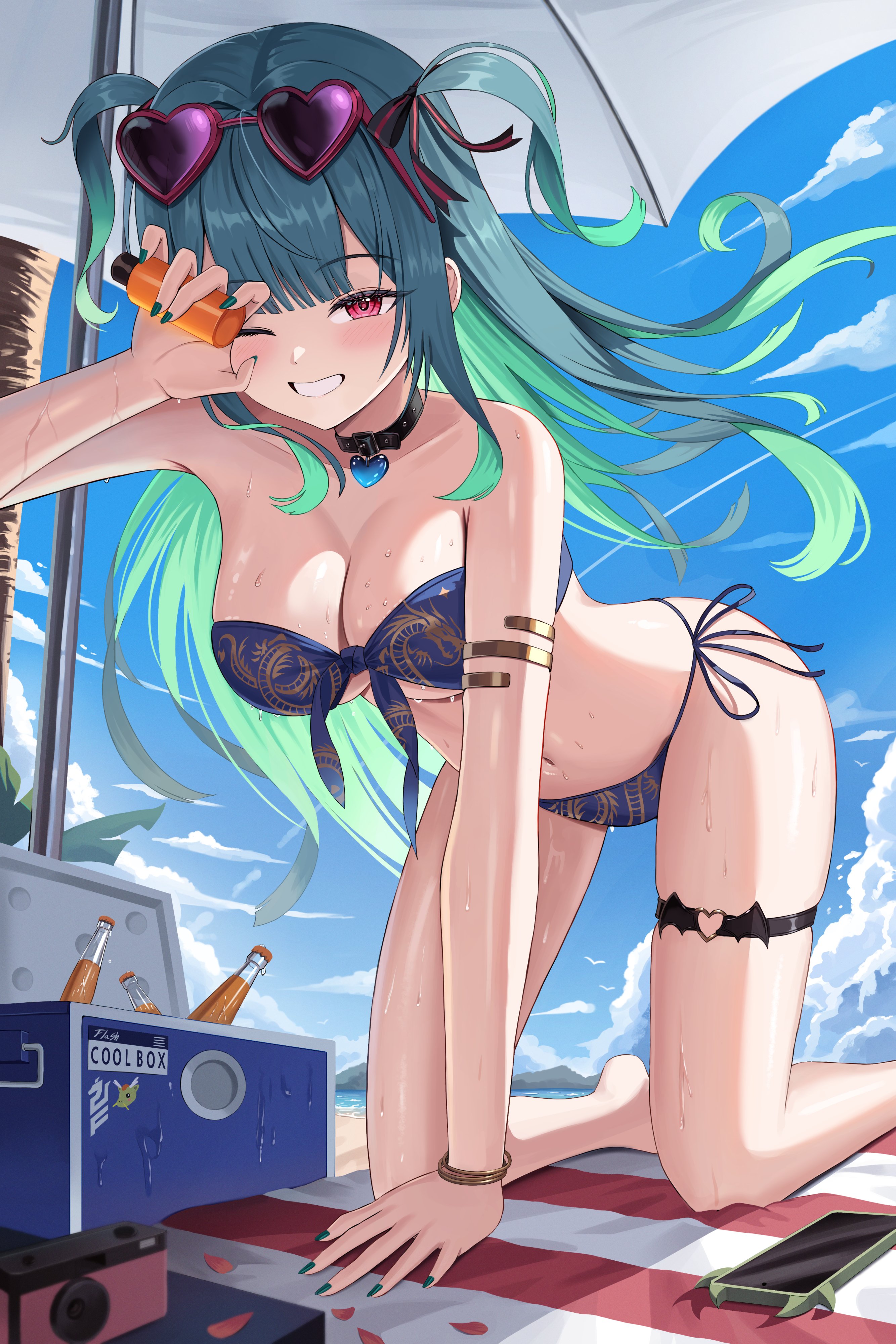 junma art, original, absurdres, commentary request, highres, 1girl, all fours, armlet, bare shoulders, beach mat, bikini, black choker, blue bikini, breasts, choker, cleavage, cooler, eyewear on head, front-tie bikini top, front-tie top, green hair, grin, hand up, heart, heart-shaped eyewear, heart choker, heart o-ring, holding, jewelry, large breasts, long hair, looking at viewer, multicolored hair, navel, o-ring, one eye closed, red eyes, side-tie bikini bottom, sidelocks, skindentation, smile, solo, stomach, string bikini, sunglasses, swimsuit, thigh strap, thighs, two-tone hair, two side up, very long hair, wet