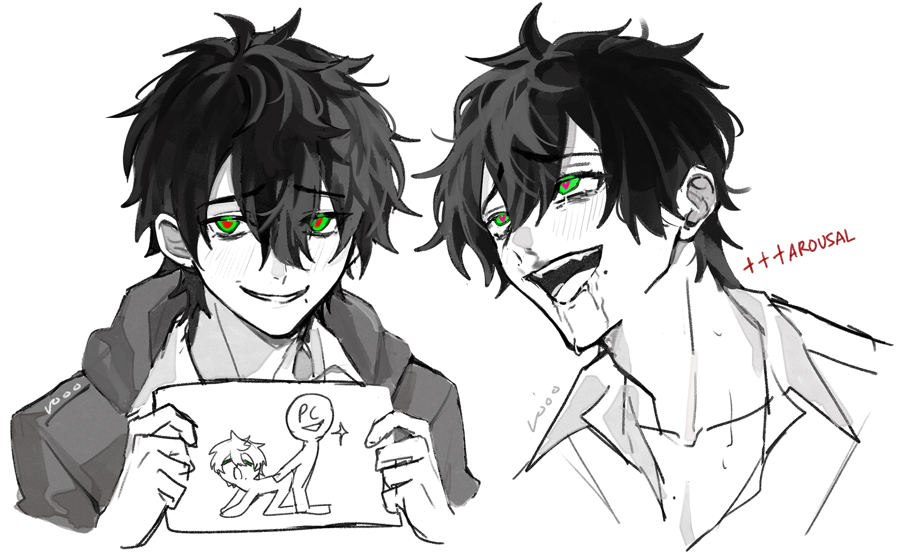kylar (degrees of lewdity), kylar (male) (degrees of lewdity), degrees of lewdity, highres, 1boy, black hair, collared shirt, defnotalvoo96, green eyes, greyscale, hair between eyes, holding, holding paper, monochrome, multiple views, open mouth, paper, shirt, short hair, spot color