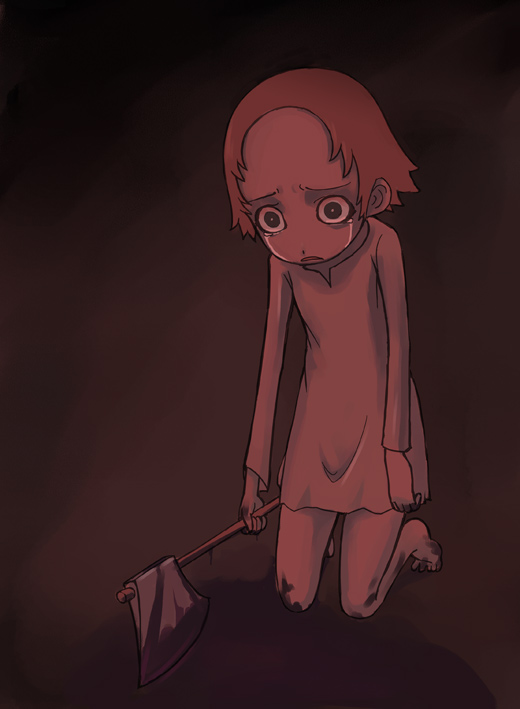 tea (nakenashi), priscilla (claymore), claymore (series), 00s, 1girl, blood, blood on feet, female focus, raised eyebrows, solo, yandere