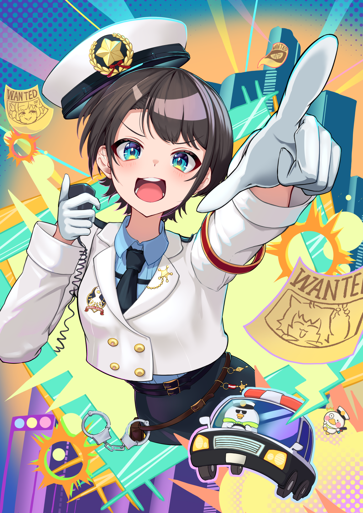 hareteruya, nekomata okayu, oozora subaru, oozora subaru (police), tsunomaki watame, hololive, commentary request, highres, 1girl, armband, belt, black belt, black hair, black necktie, black skirt, blue eyes, blue shirt, buttons, car, collared shirt, cropped jacket, cuffs, double-breasted, gloves, gold buttons, hand up, handcuffs, hat, high-waist skirt, holding, jacket, looking at viewer, motor vehicle, necktie, official alternate costume, open mouth, outstretched arm, peaked cap, pointing, pointing forward, police, police car, police hat, police uniform, policewoman, shirt, short hair, skirt, solo, suba tomo (big), suba tomo (small), swept bangs, v-shaped eyebrows, virtual youtuber, wanted poster, white gloves, white hat, white jacket
