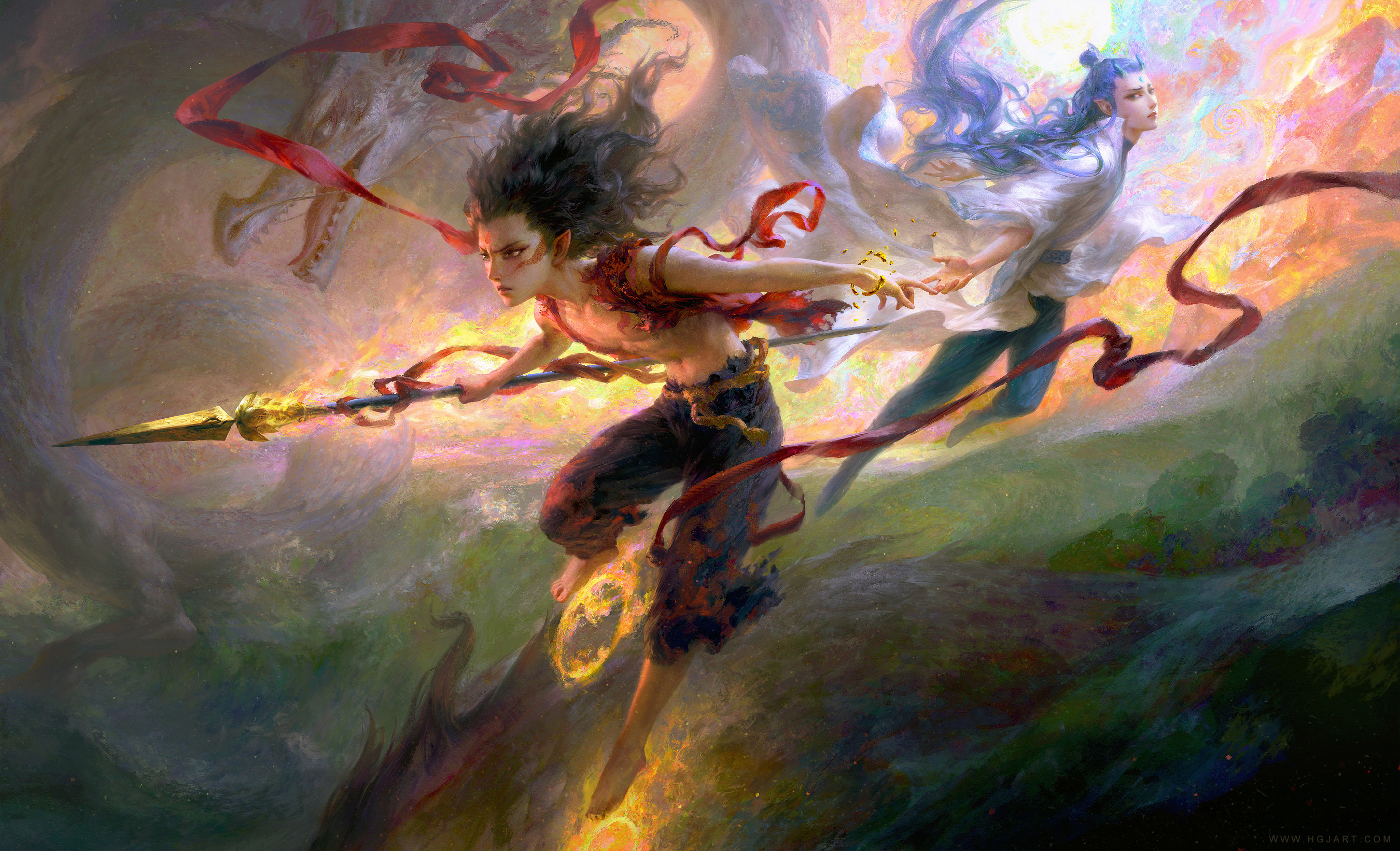 guangjian huang, ao bing (nezha zhi motong jiangshi), nezha (nezha zhi motong jiangshi), nezha zhi motong jiangshi, highres, 2boys, bare shoulders, blue eyes, flying, holding, holding weapon, long hair, multiple boys, pointy ears, weapon