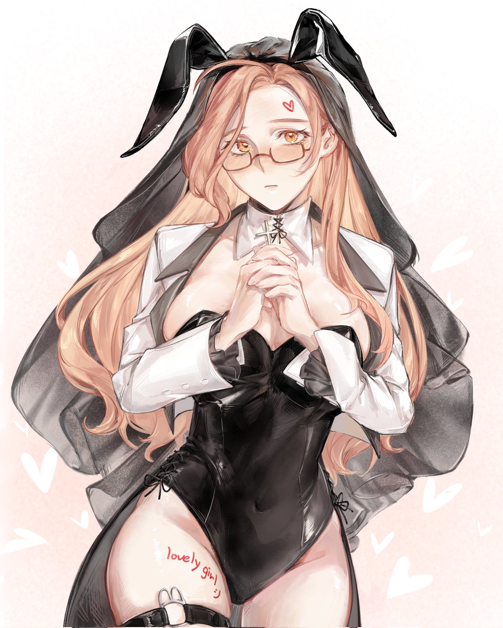 sydney (degrees of lewdity), sydney (female) (degrees of lewdity), degrees of lewdity, highres, 1girl, animal ears, bane meni0512, black leotard, body writing, breasts, brown eyes, brown hair, cleavage, glasses, heart, large breasts, leotard, long hair, looking at viewer, o-ring, rabbit ears, solo, strapless, strapless leotard, thigh strap