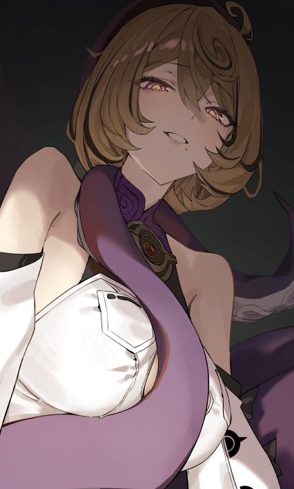naig (naiji), yidhari (zenless zone zero), zenless zone zero, 1girl, ahoge, bare shoulders, beret, blonde hair, breasts, detached sleeves, hat, large breasts, looking at viewer, mole, mole under mouth, monster girl, multicolored hair, purple eyes, scylla, short hair, smile, streaked hair, tentacles