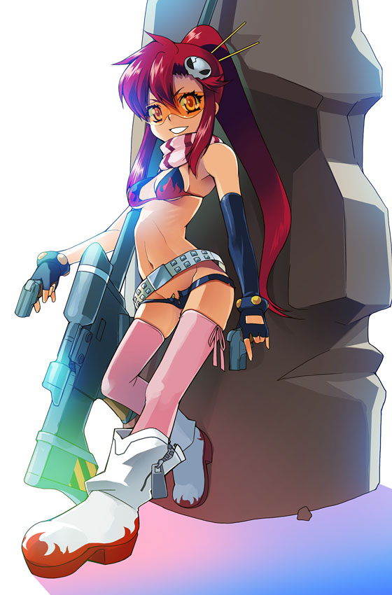 asaki takayuki, yoko littner, tengen toppa gurren lagann, 00s, 1girl, anti-materiel rifle, armpits, bare shoulders, belt, bikini, bikini top only, black gloves, boots, breasts, cleavage, dual wielding, elbow gloves, female focus, fingerless gloves, flame print, full body, gloves, goggles, grin, gun, hair between eyes, hair ornament, hair stick, handgun, holding, holding gun, holding weapon, knee boots, lingerie, looking at viewer, medium breasts, micro shorts, navel, open fly, open mouth, pink thighhighs, pistol, ponytail, red hair, ribs, rifle, scarf, short shorts, shorts, sidelocks, simple background, skull hair ornament, smile, sniper rifle, solo, standing, stomach, striped clothes, striped scarf, studded belt, swimsuit, teeth, thighhighs, trigger discipline, underwear, unzipped, weapon, white background, white boots, zipper
