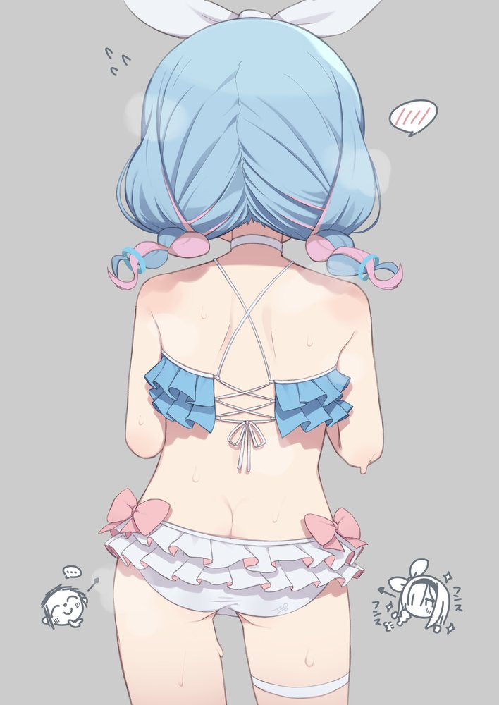 gamuo, arona (blue archive), doodle sensei (blue archive), plana (blue archive), sensei (blue archive), blue archive, 1boy, 2girls, ass, bikini, blue bikini, blue hair, bow, braid, butt crack, flying sweatdrops, frilled bikini, frills, from behind, grey background, hair bow, long hair, multicolored bikini, multicolored hair, multiple girls, pink hair, ribbon, simple background, spoken blush, swimsuit, thigh strap, thighs, twin braids, two-tone bikini, two-tone hair, white bikini, white ribbon