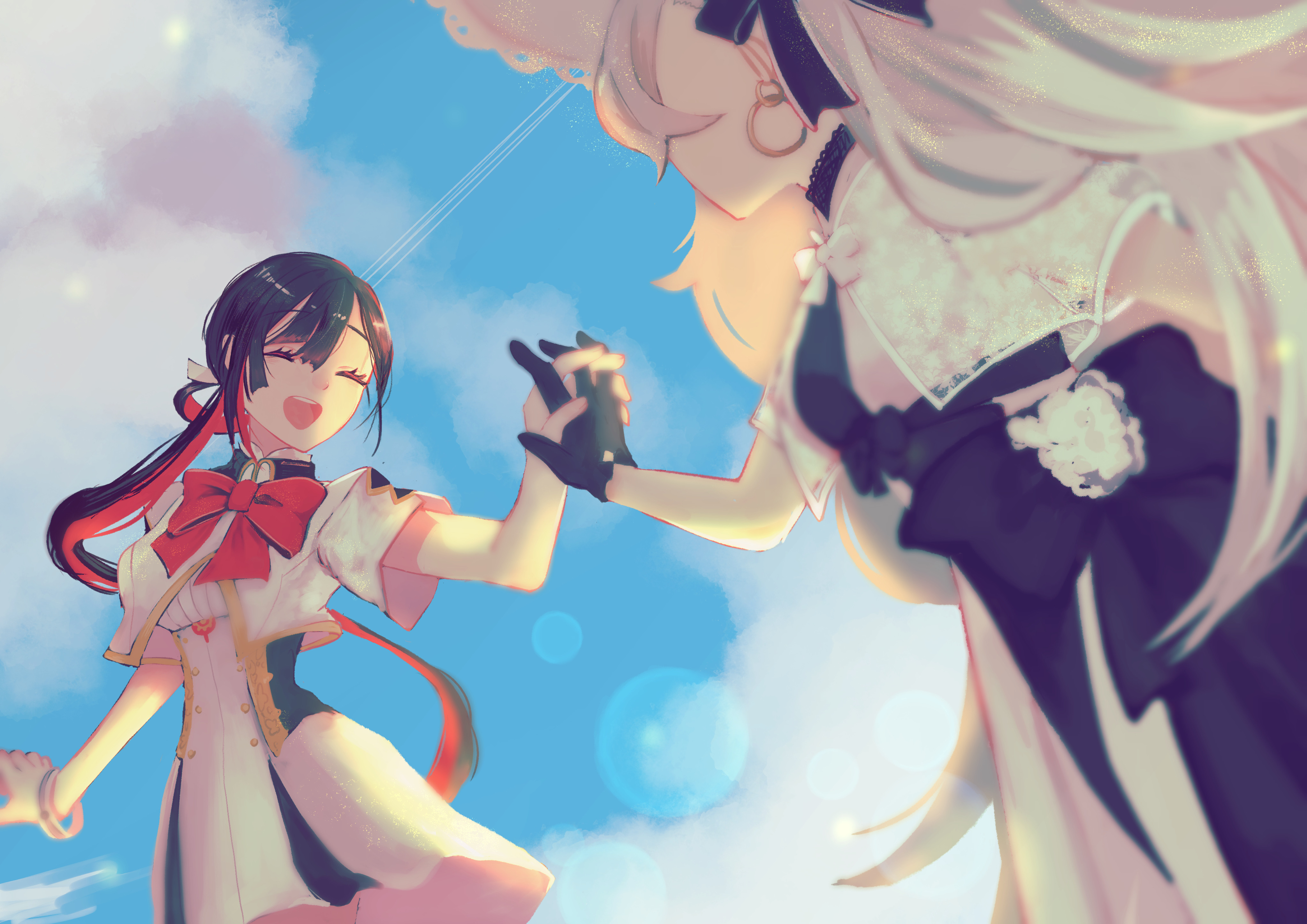 masteryakiniku, jeunesse crane (fate), olga marie animusphere, u-olga marie, u-olga marie (first ascension), fate/grand order, fate (series), absurdres, highres, 2girls, black hair, breasts, closed eyes, dress, holding hands, jeunesse crane (second ascension) (fate), long hair, low ponytail, multiple girls, open mouth, ponytail, red hair, smile, white hair