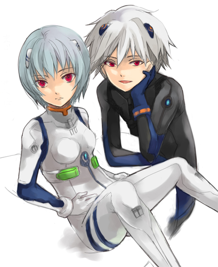 ayanami rei, nagisa kaworu, neon genesis evangelion, tagme, 1boy, 1girl, mecha pilot suit, plugsuit (evangelion), red eyes