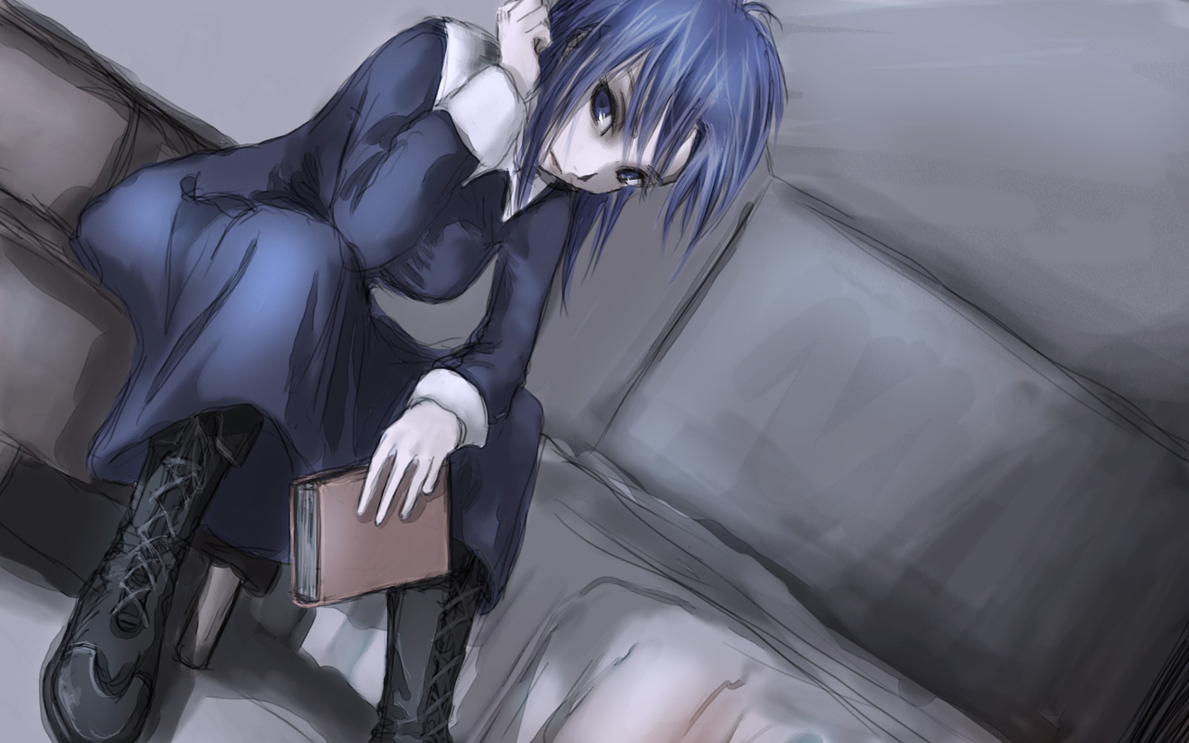ciel (tsukihime), the law of contradiction, tsukihime, highres, 00s, 1girl, blue eyes, blue hair, book, boots, female focus, long hair, sitting, solo, visual novel