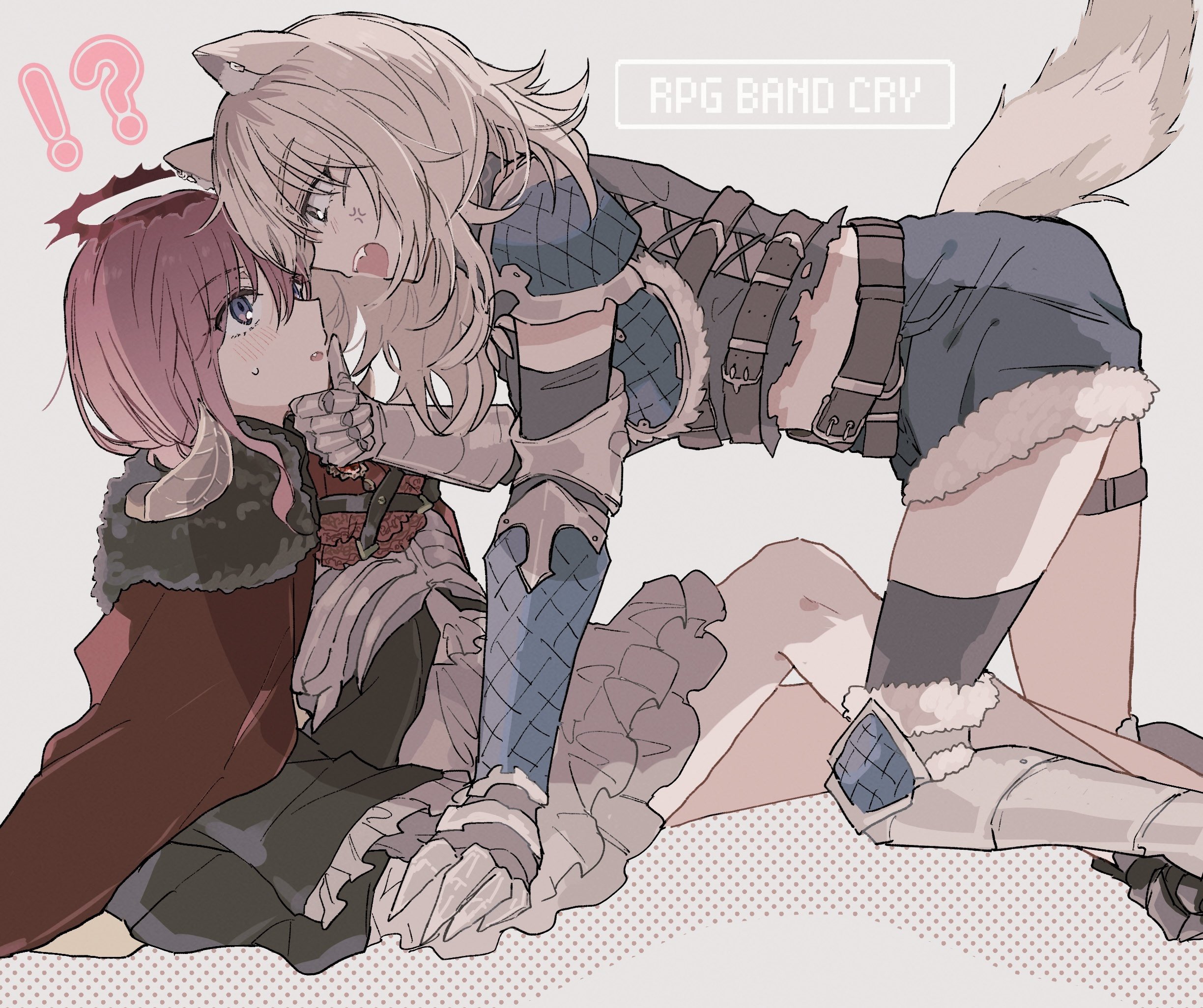 cho nekura, iseri nina, kawaragi momoka, girls band cry, commentary request, highres, 2girls, anger vein, animal ears, armored gloves, asymmetrical legwear, black thighhighs, blue eyes, blush, brown hair, cape, eye contact, fang, girls band cry rpg, grey eyes, grey hair, halo, kemonomimi mode, long hair, looking at another, midriff, multicolored hair, multiple girls, open mouth, red cape, roots (hair), sweatdrop, tail, teeth, thigh strap, thighhighs, upper teeth only, wolf ears, wolf girl, wolf tail, yuri