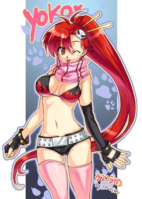 yoko littner, tengen toppa gurren lagann, 00s, 1girl, ;p, bikini, bikini top only, breasts, cleavage, elbow gloves, female focus, gloves, lingerie, long hair, one eye closed, ponytail, red hair, scarf, short shorts, shorts, solo, striped clothes, striped scarf, swimsuit, thighhighs, tongue, tongue out, underwear, very long hair, wink