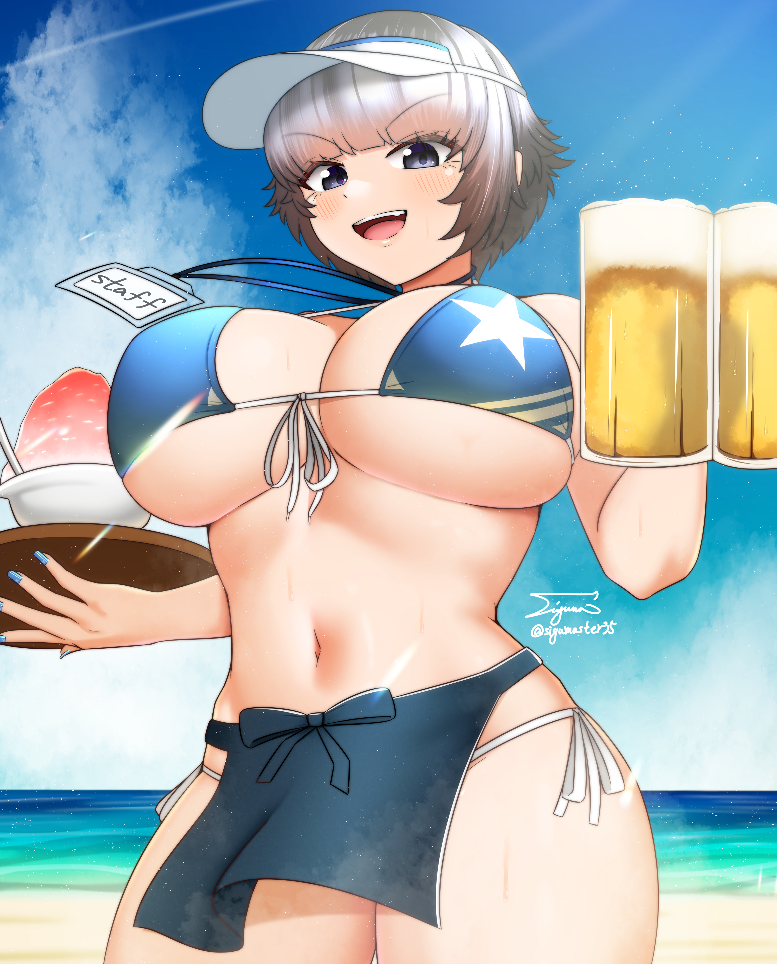 sigumaster35, original, absurdres, commentary request, highres, 1girl, apron, back hair, beach, beer glass, bikini, blue bikini, blue eyes, blue nails, blue sky, breasts, day, food, gradient hair, holding, huge breasts, multicolored hair, navel, ocean, open mouth, outdoors, shaved ice, short hair, side-tie bikini bottom, sky, smile, star print bikini, swimsuit, tray, visor cap, white hair