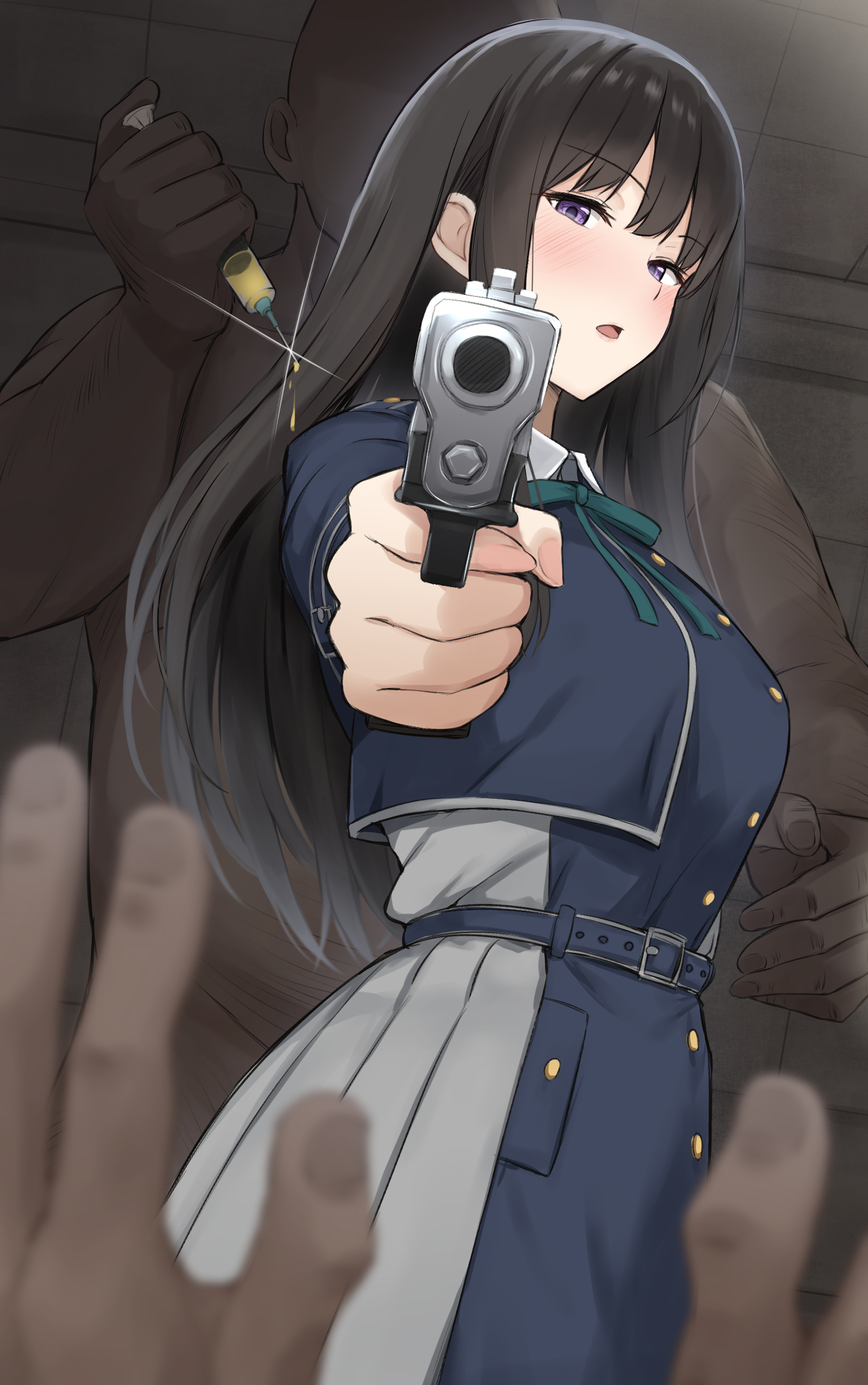 riboshika, inoue takina, lycoris recoil, absurdres, highres, 1girl, 2boys, aiming, black hair, blue dress, clothed female nude male, dress, holding, holding syringe, holding weapon, indoors, injection, long hair, looking at viewer, lycoris uniform, multiple boys, nude, pov, pov hands, purple eyes, syringe, weapon