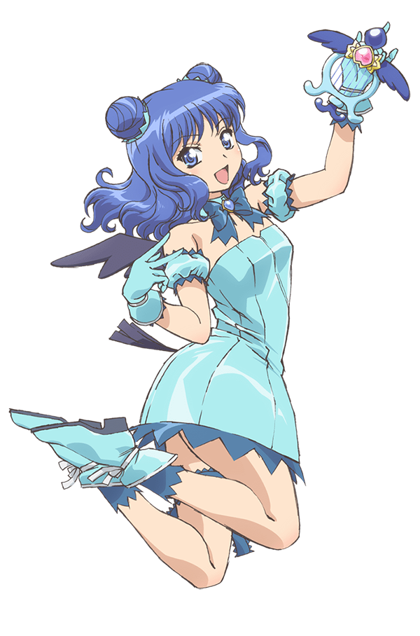 ishino satoshi, aizawa mint, mew mint, tokyo mew mew, tokyo mew mew new, official art, 1girl, :d, anime coloring, arm scrunchie, arm up, bird wings, black wings, blue boots, blue bow, blue dress, blue eyes, blue gloves, blue hair, blue scrunchie, boots, bow, bowtie, breasts, detached collar, double bun, dress, full body, gloves, hair bun, hand up, holding, jumping, legs up, looking at viewer, magical girl, open mouth, scrunchie, short hair, simple background, smile, solo, strapless, strapless dress, tail, thigh strap, thighs, transparent background, wavy hair, wings