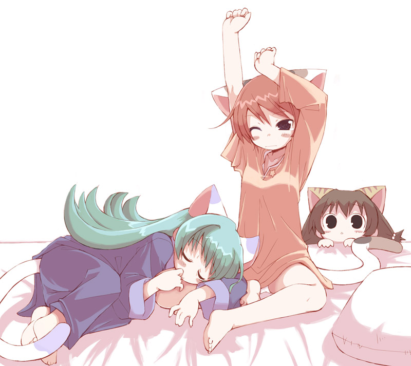 saxyun, mike (di gi charat), puchiko, rinna, rinna (di gi charat), di gi charat, 3girls, animal ears, aqua hair, barefoot, bed, black eyes, blush stickers, brown hair, cat ears, cat tail, child, feet, long hair, lying, multiple girls, on side, pajamas, panties, pillow, red hair, short hair, sitting, sleeping, sleepy, stretching, tail, underwear, wince, yawning