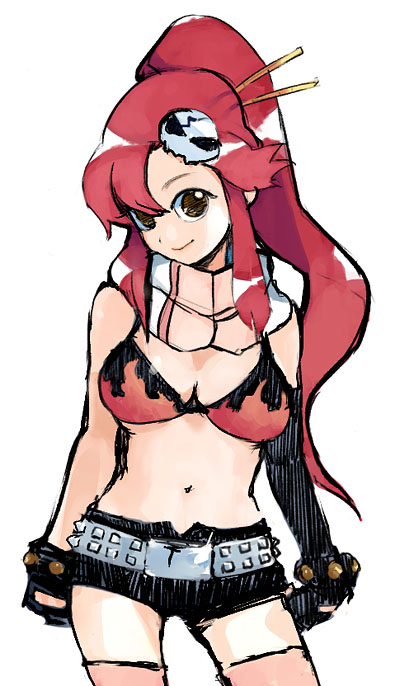 ikeda keisuke, yoko littner, tengen toppa gurren lagann, 00s, 1girl, asymmetrical gloves, bikini, bikini top only, breasts, cleavage, female focus, gloves, lingerie, ponytail, red hair, scarf, short shorts, shorts, solo, swimsuit, thighhighs, underwear, uneven gloves