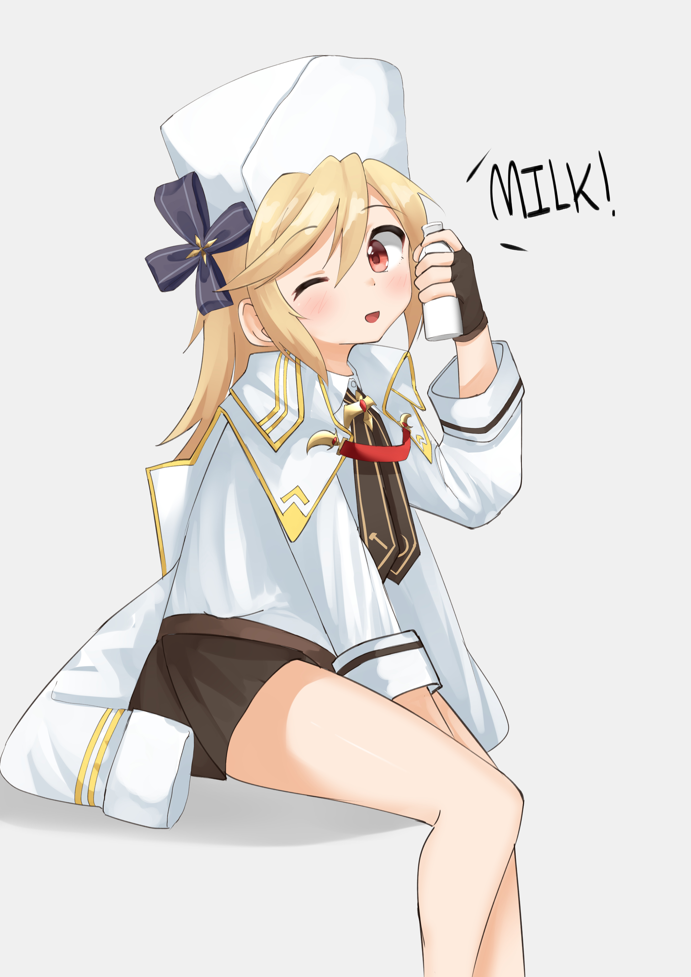 pepsi2330, nagant revolver (girls' frontline), girls' frontline, absurdres, highres, 1girl, blonde hair, cup, english text, fingerless gloves, gloves, happy, hat, holding, holding cup, long sleeves, milk, miniskirt, neck, one eye closed, raised eyebrows, shirt, simple background, skirt, white shirt
