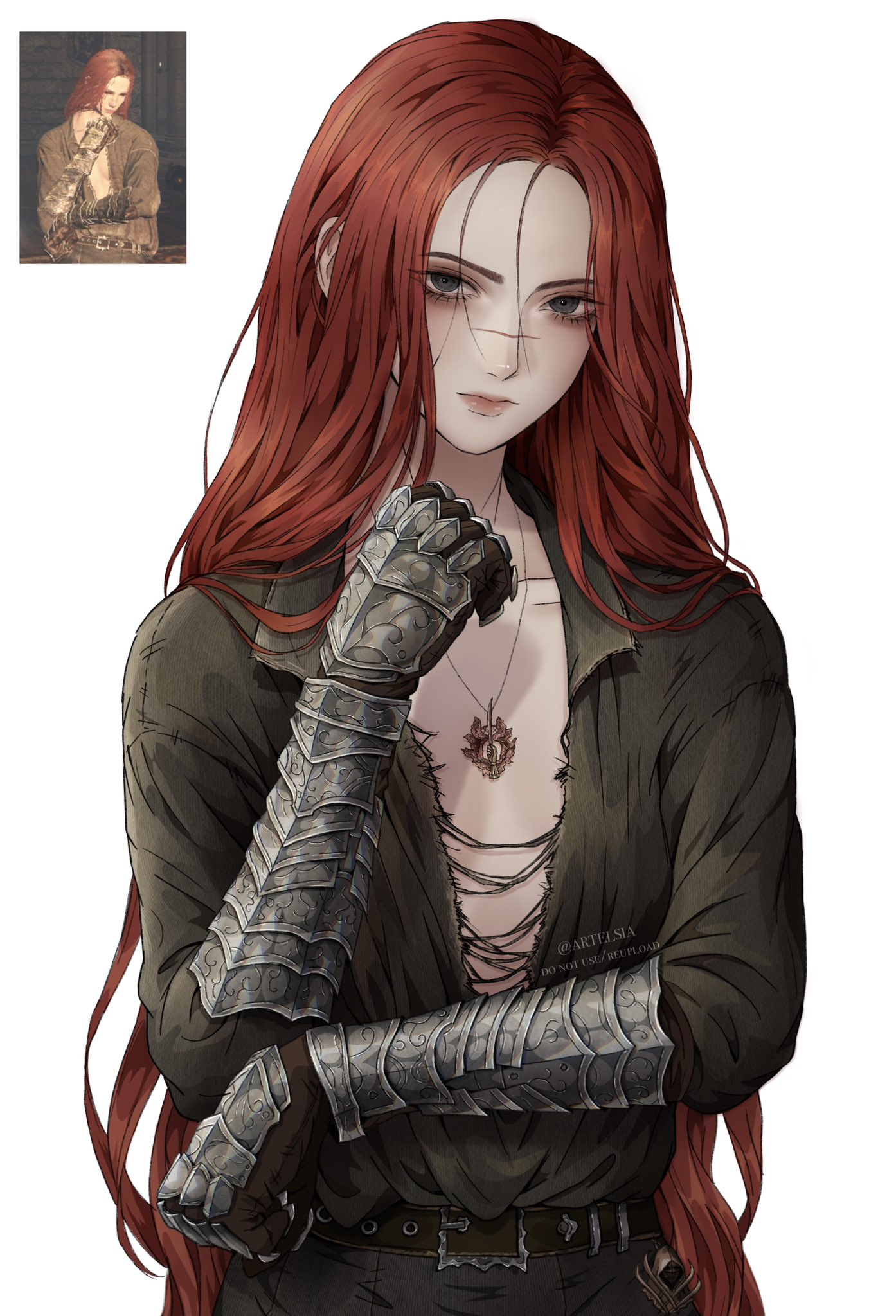 artelsia, tarnished (elden ring), elden ring, commentary, english commentary, highres, 1girl, belt, closed mouth, collared shirt, game screenshot inset, gauntlets, green shirt, grey eyes, jewelry, long hair, looking at viewer, necklace, red hair, reference inset, scar, scar on face, scar on nose, shirt, very long hair, white background
