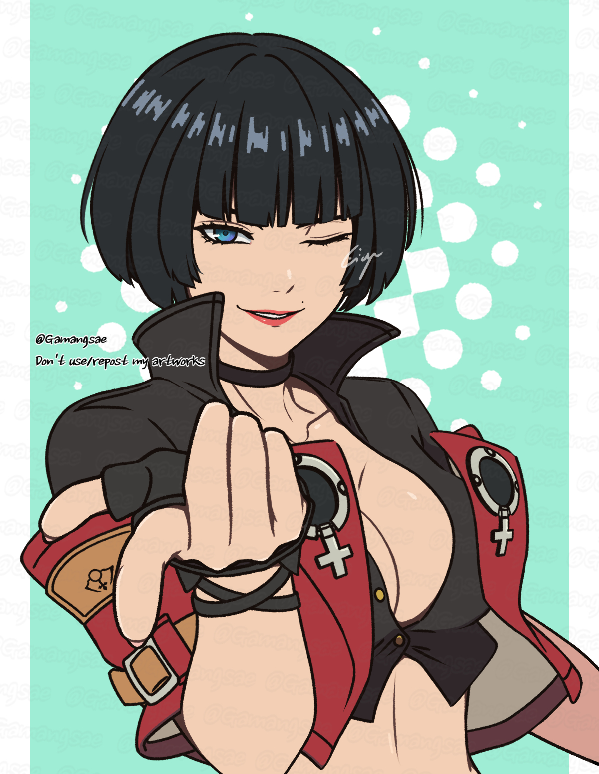 gamang sae8, i-no, guilty gear, guilty gear strive, commentary, highres, 1girl, artist name, black choker, black gloves, black hair, black shirt, blue eyes, bob cut, border, breasts, choker, cleavage, cropped shirt, fingerless gloves, gloves, grin, jacket, large breasts, looking at viewer, mole, mole above mouth, one eye closed, red jacket, seductive smile, shirt, short hair, smile, solo, twitter username, venus symbol, white border