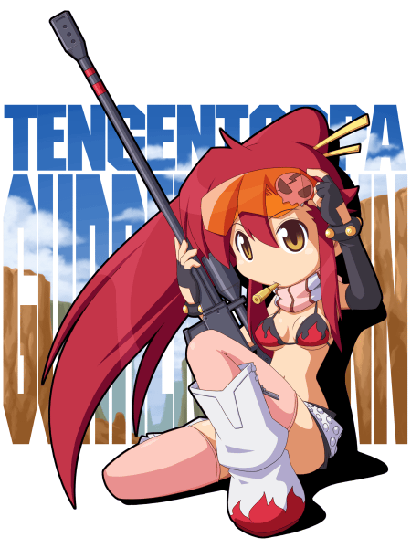 yoko littner, tengen toppa gurren lagann, 00s, bra, breasts, cleavage, gun, lingerie, midriff, ponytail, red hair, rifle, thighhighs, underwear, weapon