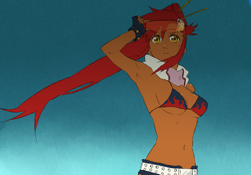 kasuga (artist), yoko littner, tengen toppa gurren lagann, 00s, 1girl, arm up, armpits, bikini, bikini top only, breasts, cleavage, dark-skinned female, dark skin, female focus, hair ornament, high ponytail, lingerie, long hair, medium breasts, navel, ponytail, red hair, short shorts, shorts, skull hair ornament, solo, swimsuit, underwear, very long hair, yellow eyes