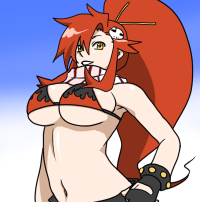 hideyoshi (f-aki), yoko littner, tengen toppa gurren lagann, lowres, 00s, 1girl, bikini, bikini top only, breasts, female focus, fingerless gloves, gloves, hair ornament, navel, ponytail, red hair, scarf, sidelocks, solo, swimsuit, underboob, yellow eyes