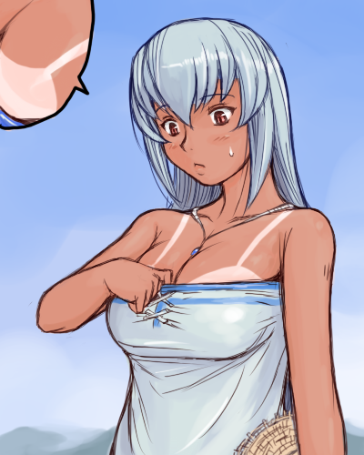 tsuda nanafushi, suigintou, rozen maiden, silver hair, lowres, 00s, 1girl, aged up, breasts, cleavage, female focus, jewelry, large breasts, necklace, solo, tan, tanline