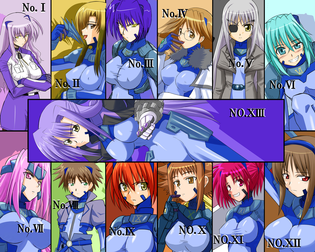 cinque (nanoha), deed (nanoha), dieci (nanoha), due (nanoha), ginga nakajima, nove (nanoha), numbers (nanoha), otto (nanoha), quattro (nanoha), sein (nanoha), sette (nanoha), tre (nanoha), uno (nanoha), wendi (nanoha), lyrical nanoha, mahou shoujo lyrical nanoha, mahou shoujo lyrical nanoha strikers, 00s, 6+girls, eyepatch, glasses, multiple girls, roman numeral, teeth