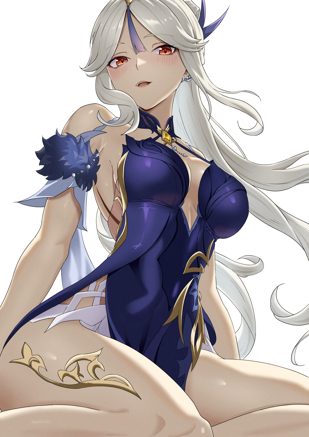 kakabos, ningguang (genshin impact), ningguang (orchid's evening gown) (genshin impact), genshin impact, commentary request, highres, 1girl, blue collar, blue dress, blush, breasts, collar, detached sleeves, dress, from below, fur-trimmed sleeves, fur trim, hair ornament, jewelry, large breasts, long hair, looking at viewer, official alternate costume, parted bangs, parted lips, red eyes, short sleeves, simple background, sitting, solo, tassel, tassel hair ornament, teeth, upper teeth only, white background, white hair, yokozuwari