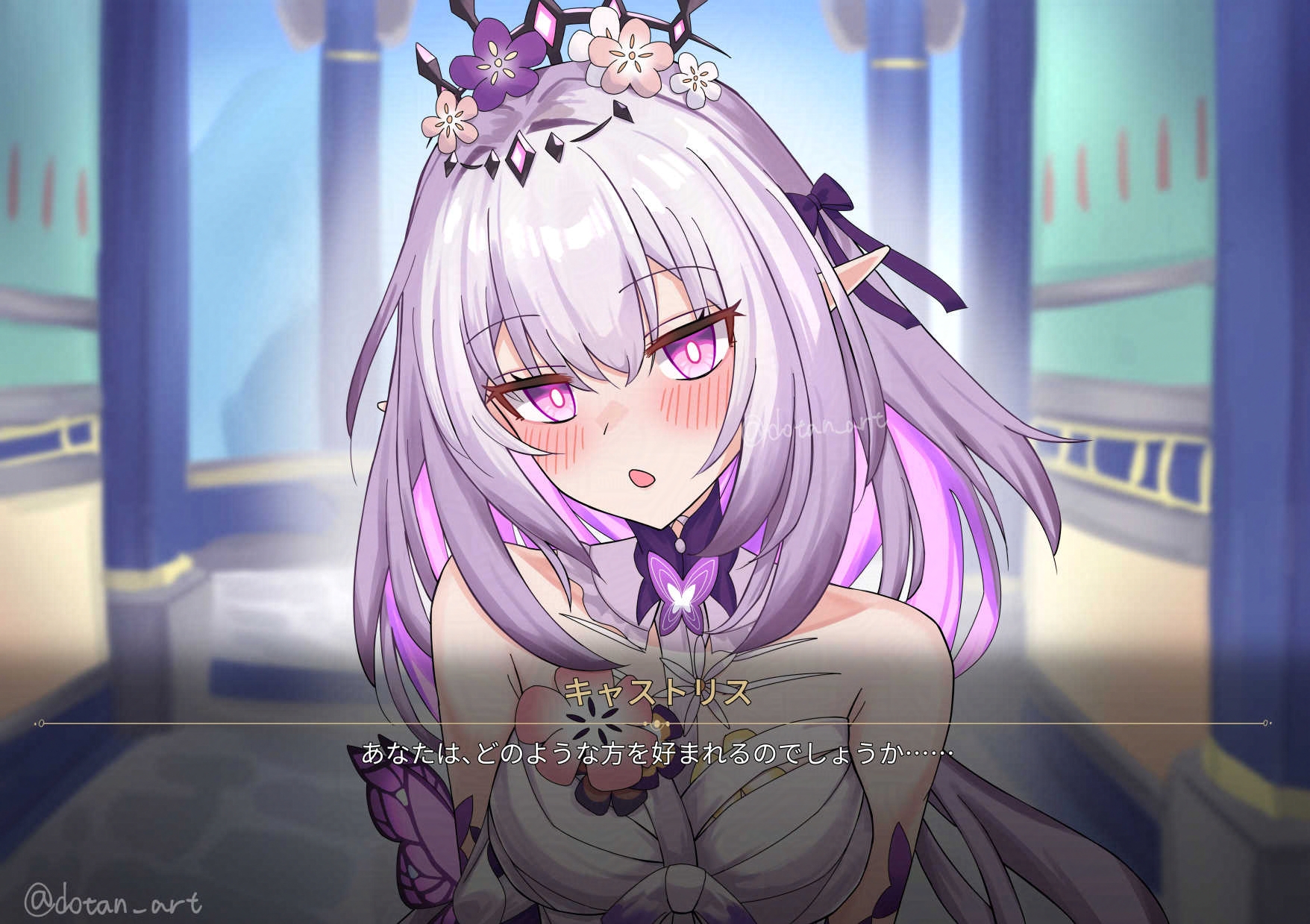 dotan art, castorice (honkai: star rail), honkai: star rail, honkai (series), commentary request, highres, translation request, 1girl, :o, bare shoulders, black tiara, blush, breasts, dress, fake screenshot, flower, hair flower, hair ornament, indoors, long hair, medium breasts, pointy ears, purple eyes, purple hair, solo, tiara, twitter username, upper body, very long hair, white dress