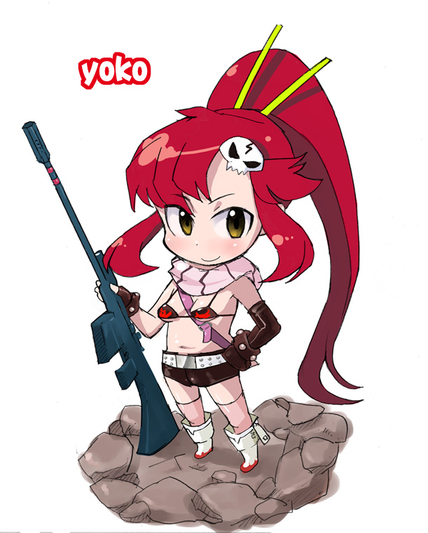 ookamiuo, yoko littner, tengen toppa gurren lagann, 00s, 1girl, bikini, bikini top only, chibi, female focus, gun, ponytail, rifle, short shorts, shorts, solo, swimsuit, thighhighs, weapon