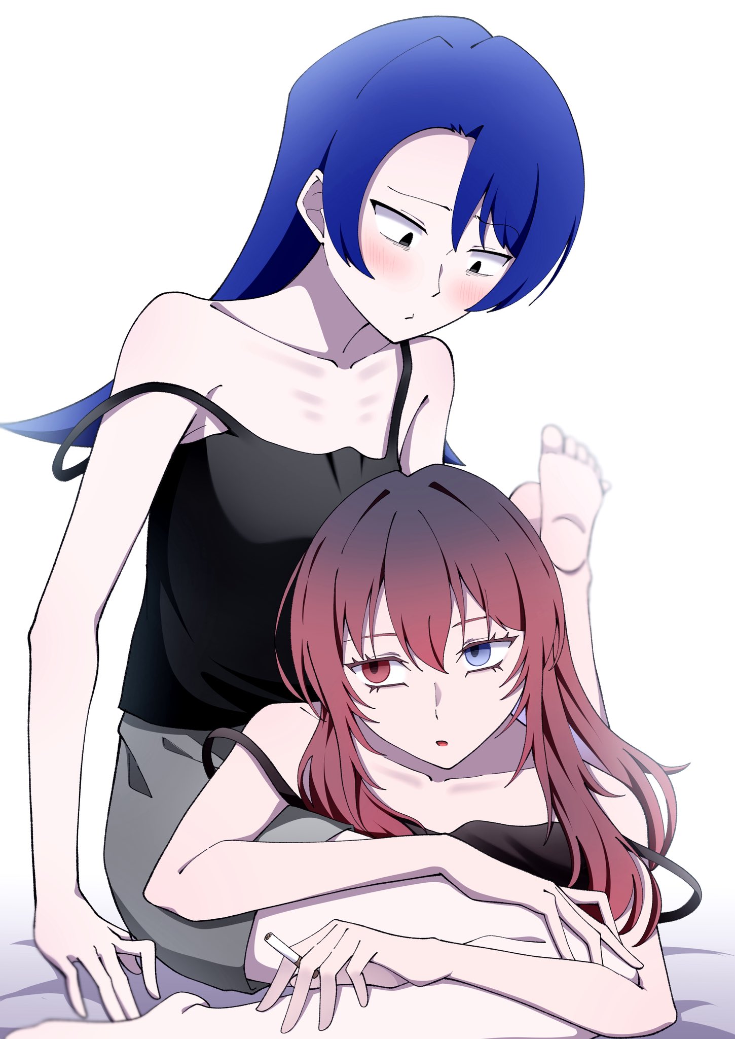 nori (norinori yrl), tanaka keiko (ado), tia (ado), ado (utaite), atashi wa mondaisaku, domestic de violence, commentary request, highres, 2girls, black camisole, black hair, blue eyes, blue hair, breasts, camisole, cigarette, grey skirt, hair between eyes, heterochromia, holding, holding cigarette, lap pillow, long hair, multiple girls, red eyes, red hair, simple background, skirt, small breasts, strap slip, white background