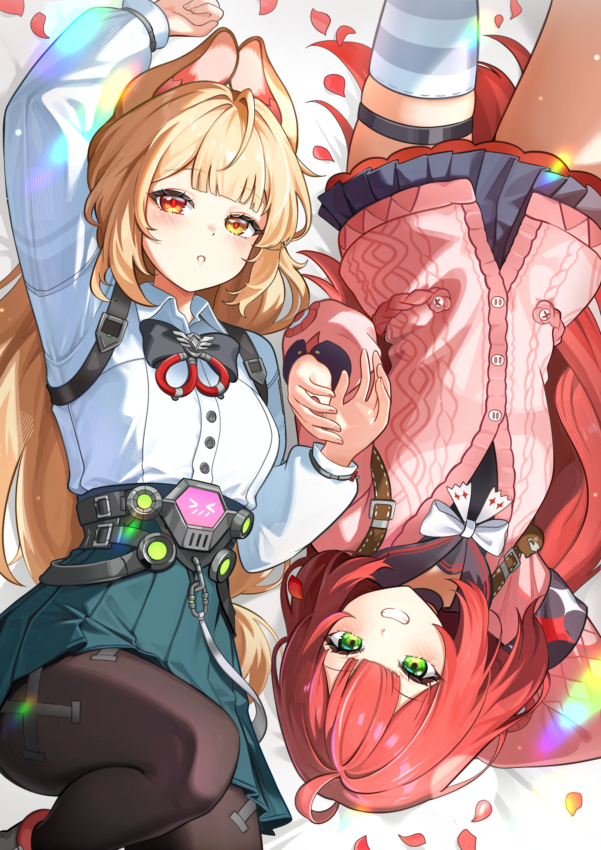 aviary, alice thymefield, ukinami yuzuha, zenless zone zero, braided twintails, absurdres, commentary, highres, md5 mismatch, revision, 2girls, animal ears, black pantyhose, black sailor collar, blonde hair, blush, bow, braid, cardigan, chest bow, choker, from above, green eyes, grin, hearing aid, heterochromia, holding hands, long hair, looking at viewer, low twin braids, low twintails, lying, multiple girls, on back, open mouth, pantyhose, pink cardigan, pleated skirt, rabbit ears, rabbit girl, red eyes, red hair, sailor collar, shirt, single thighhigh, skirt, smile, sphere hair ornament, striped clothes, striped thighhighs, teeth, thigh strap, thighhighs, twin braids, twintails, very long hair, white bow, white shirt, yellow eyes, yuri