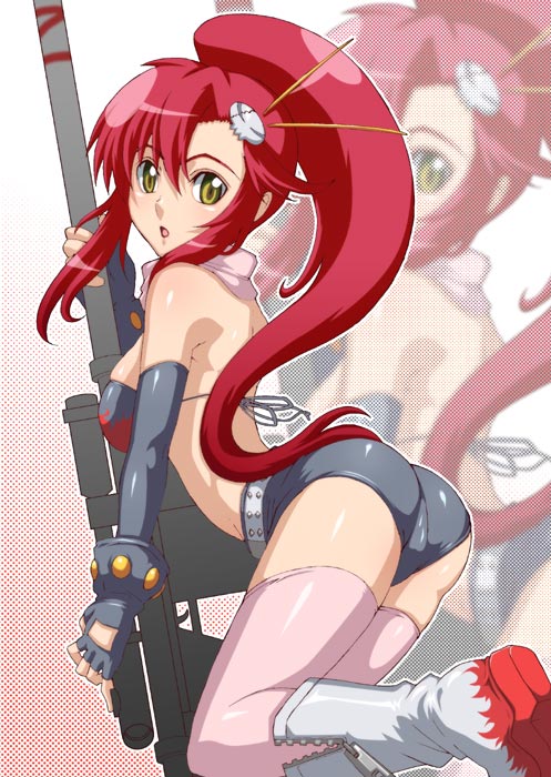 caryo, tabigarasu, yoko littner, tengen toppa gurren lagann, 00s, 1girl, bikini, boots, breasts, cameltoe, female focus, grey boots, gun, kneehighs, multicolored boots, ponytail, red boots, red hair, rifle, short shorts, shorts, sniper rifle, socks, solo, swimsuit, thighhighs, two-tone boots, weapon, zoom layer