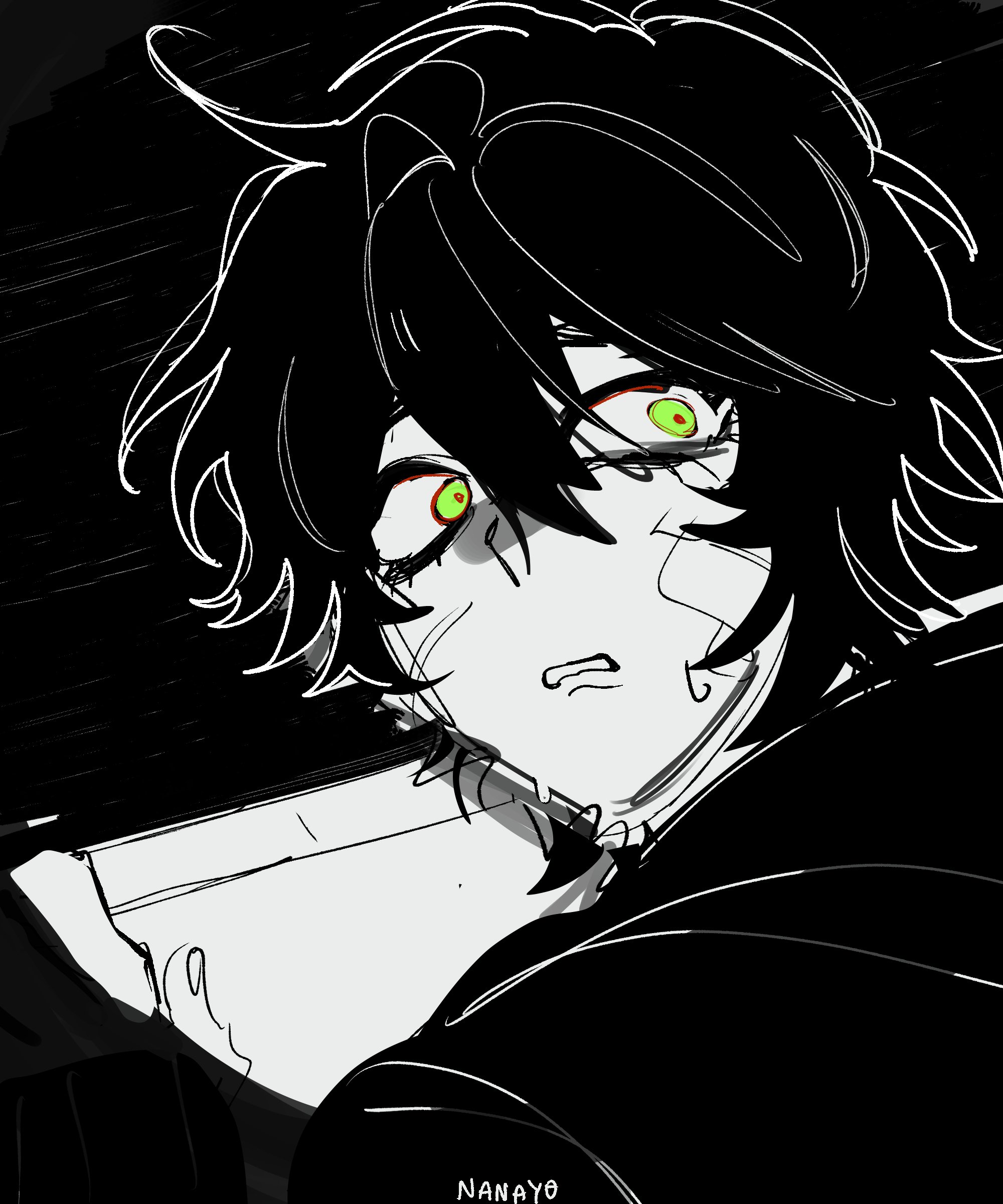hyuwrii, kylar (degrees of lewdity), kylar (male) (degrees of lewdity), degrees of lewdity, absurdres, highres, 1boy, artist name, black hair, black hoodie, green eyes, greyscale, hood, hoodie, looking back, monochrome, short hair, solo, spot color