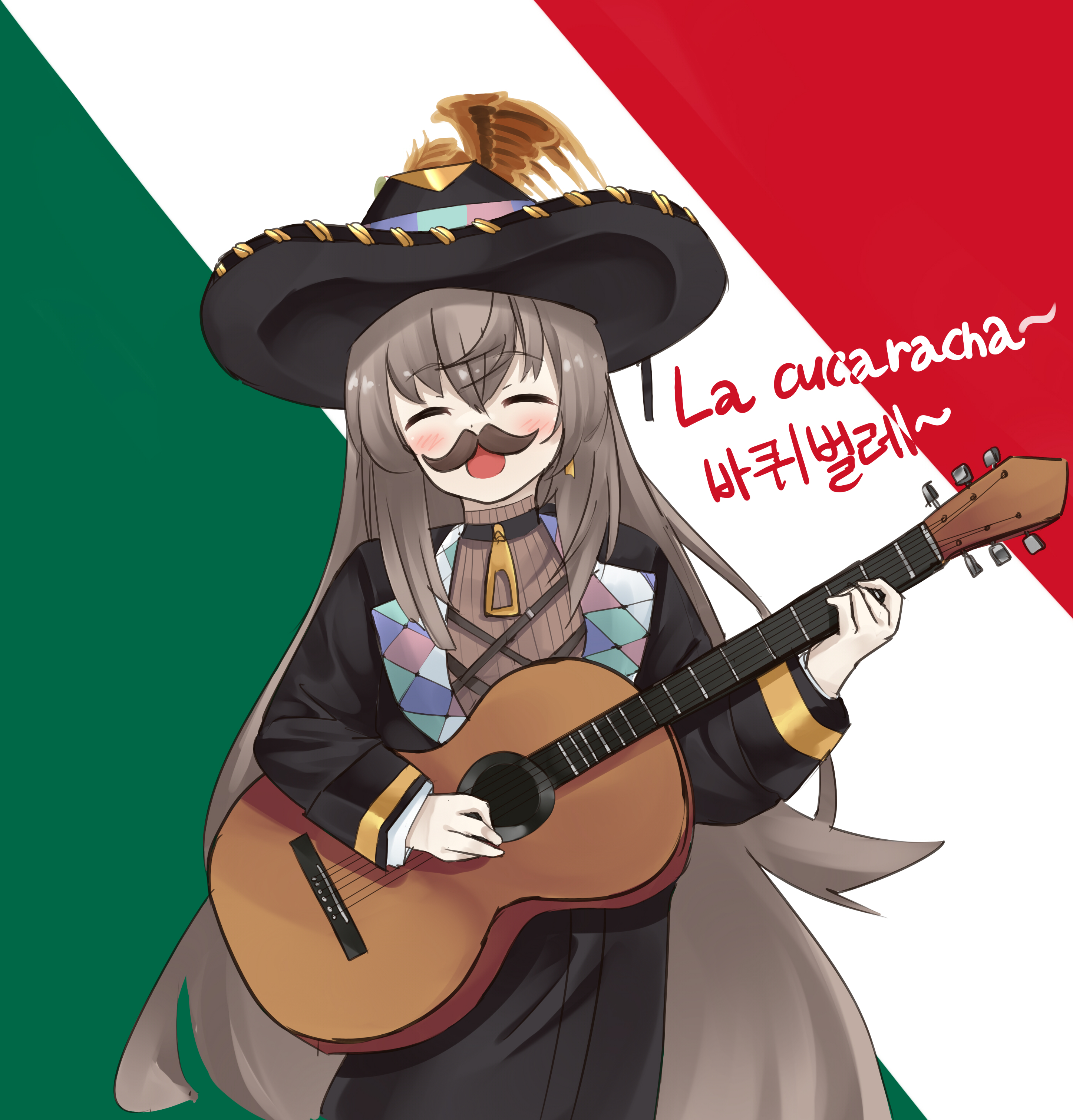 pepsi2330, fx-05 (girls' frontline), girls' frontline, absurdres, highres, translation request, 1girl, closed eyes, collar, facial hair, guitar, hat, holding, holding instrument, instrument, long hair, mexican flag, music, mustache, open clothes, playing instrument, simple background, singing, sleeve cuffs, spanish flag, very long hair, wrist cuffs