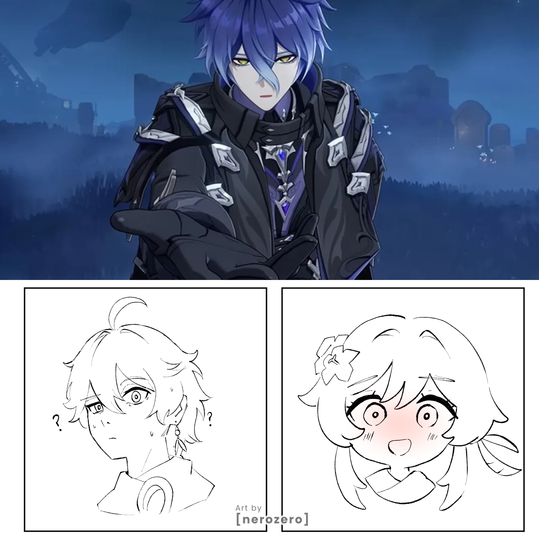 nerozero, aether (genshin impact), flins (genshin impact), lumine (genshin impact), genshin impact, highres, 1girl, 2boys, ahoge, artist name, black jacket, blue hair, blush, confused, earrings, embarrassed, flower, game screenshot inset, hair between eyes, hair flower, hair ornament, jacket, jewelry, looking at viewer, multiple boys, outstretched hand, reaching, reaching towards viewer, sketch, smile, watermark, yellow eyes