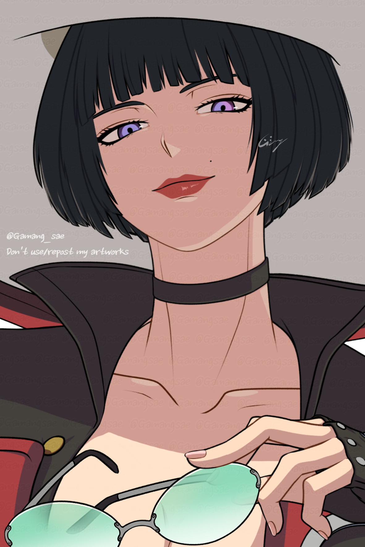 gamang sae8, i-no, guilty gear, guilty gear strive, commentary, highres, 1girl, artist name, black choker, black gloves, black hair, blue-tinted eyewear, blue eyes, bob cut, breasts, choker, cleavage, collarbone, fingerless gloves, gloves, hat, holding, holding removed eyewear, jacket, looking at viewer, mole, mole above mouth, red hat, short hair, smile, solo, sunglasses, tinted eyewear, twitter username, unworn eyewear
