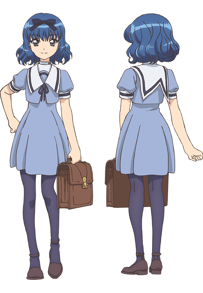 ishino satoshi, aizawa mint, tokyo mew mew, tokyo mew mew new, official art, 2girls, anime coloring, back, bag, blue hair, blue ribbon, blue serafuku, blue skirt, breasts, brown bag, brown shoes, clenched hand, closed mouth, from behind, full body, grey eyes, hair ribbon, hand on own hip, holding, holding bag, looking at viewer, multiple girls, multiple views, pantyhose, puffy short sleeves, puffy sleeves, purple pantyhose, ribbon, sailor collar, school uniform, serafuku, shoes, short hair, short sleeves, simple background, skirt, smile, standing, transparent background, wavy hair