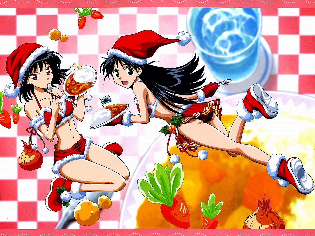 tsukamoto tenma, tsukamoto yakumo, school rumble, 00s, 2girls, black eyes, black hair, carrot, christmas, curry, food, glass, gloves, happy, hat, looking at viewer, looking back, multiple girls, onion, open mouth, panties, red eyes, santa costume, santa hat, short shorts, shorts, siblings, sisters, smile, spoon, two side up, underwear