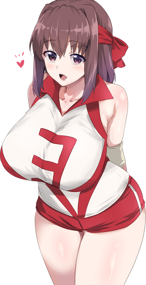 yokoyama kouji, kondou taeko, girls und panzer, commentary request, 1girl, arms behind back, breasts, brown eyes, brown hair, buruma, headband, huge breasts, looking at viewer, open mouth, red buruma, red headband, simple background, solo, white background