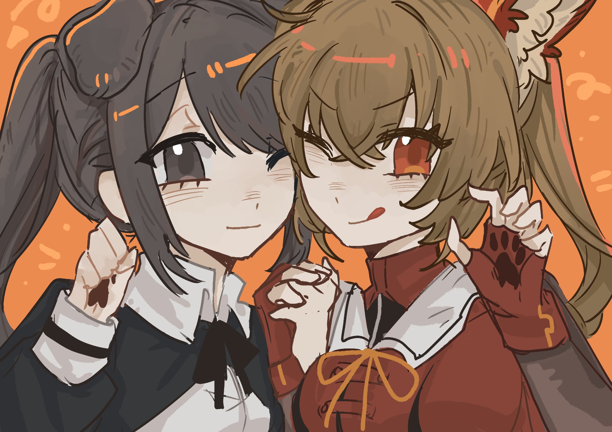 kondou misaka, assault lily, chinese commentary, commentary request, highres, 2girls, ;), ;q, animal ear fluff, animal ears, black eyes, black hair, black ribbon, blush, brown hair, cheek-to-cheek, closed mouth, cropped jacket, crossed bangs, dog ears, fingerless gloves, gatti love, gloves, hair between eyes, hands up, heads together, holding hands, interlocked fingers, karasawa aisa, kemonomimi mode, long hair, long sleeves, looking at viewer, multiple girls, neck ribbon, one eye closed, orange background, orange eyes, ponytail, red gloves, red shirt, ribbon, sailor collar, school uniform, shirt, side-by-side, simple background, smile, tongue, tongue out, upper body, v-shaped eyebrows, white sailor collar, white shirt, yellow ribbon, yurigaoka girls academy school uniform