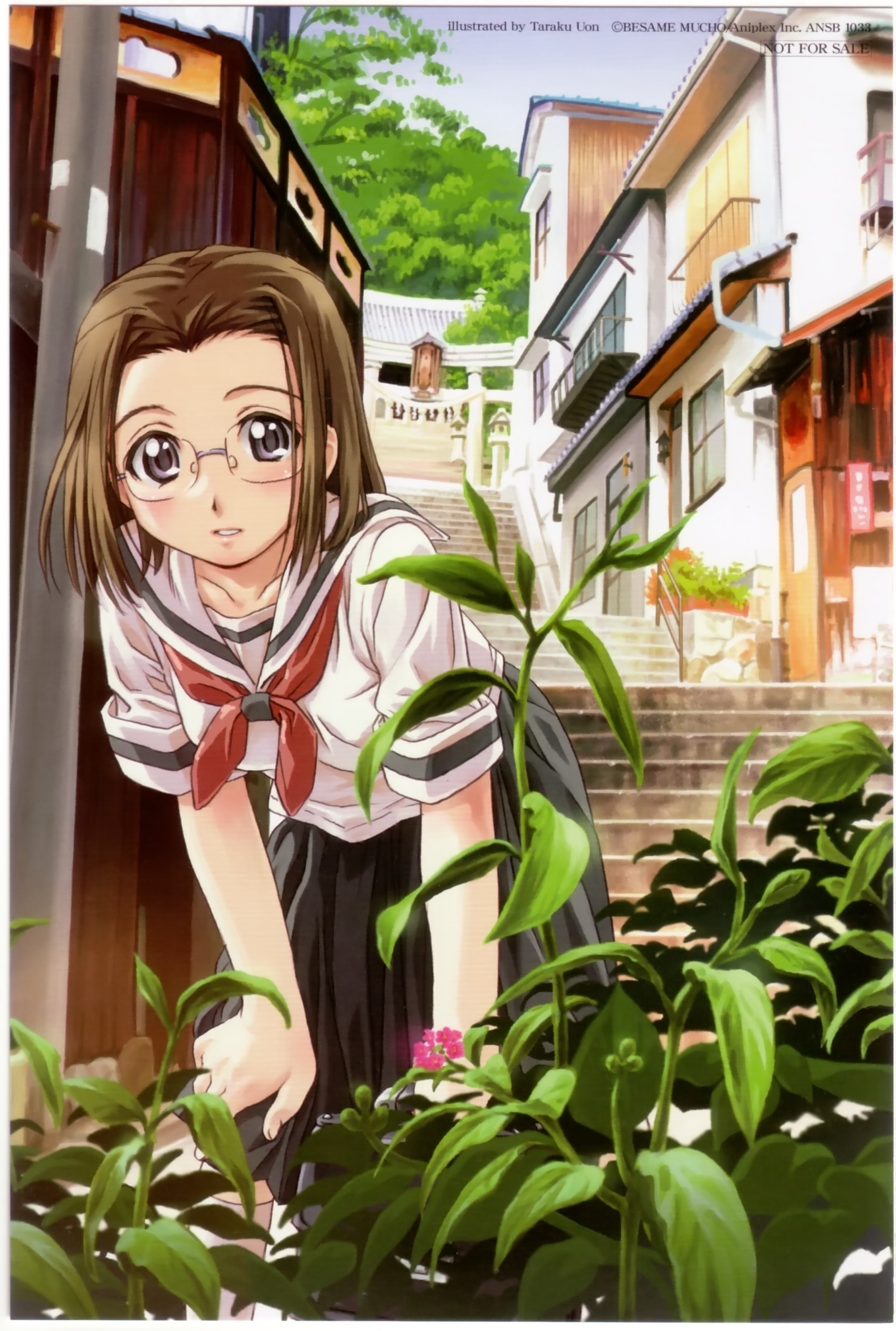 uon taraku, shijou mitsue, kamichu!, highres, scan, tagme, 00s, 1girl, bent over, female focus, flower, glasses, outdoors, plant, school uniform, serafuku, skirt, sky, solo, standing, tree