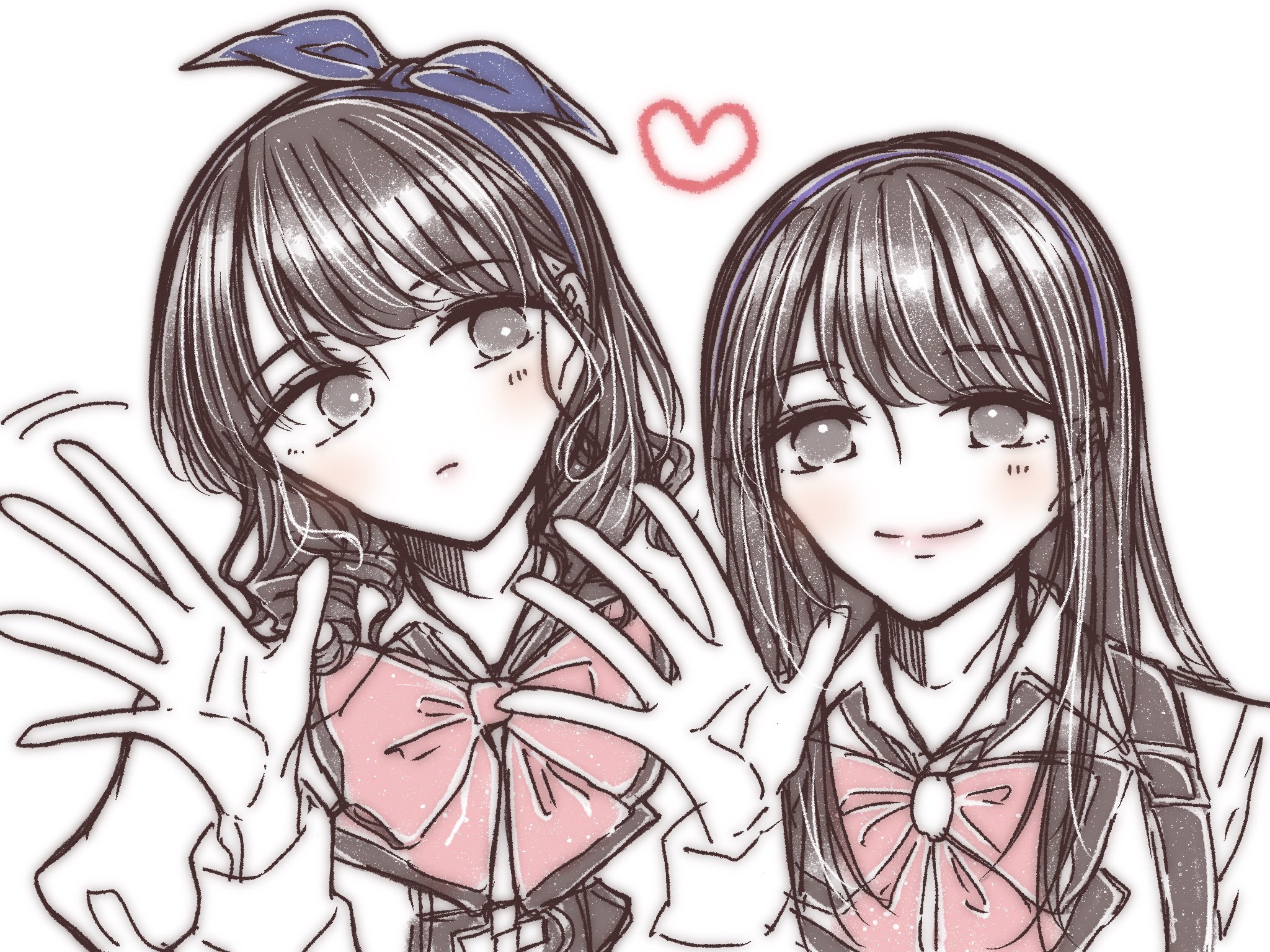 sail (clipper 67), kishimoto maria mirai, kuroki francisca yuria, assault lily, commentary request, highres, 2girls, black hair, blue hairband, blue ribbon, blush, bow, bow hairband, bowtie, brown eyes, closed mouth, collared shirt, cross, cross necklace, hair ribbon, hairband, hand up, head tilt, heart, jewelry, long hair, long sleeves, looking at viewer, ludvico private girls' academy school uniform, medium hair, motion lines, multiple girls, necklace, open hand, pink bow, pink bowtie, purple hairband, ribbon, school uniform, shirt, side-by-side, sidelocks, simple background, smile, suspenders, upper body, waving, white background, white shirt