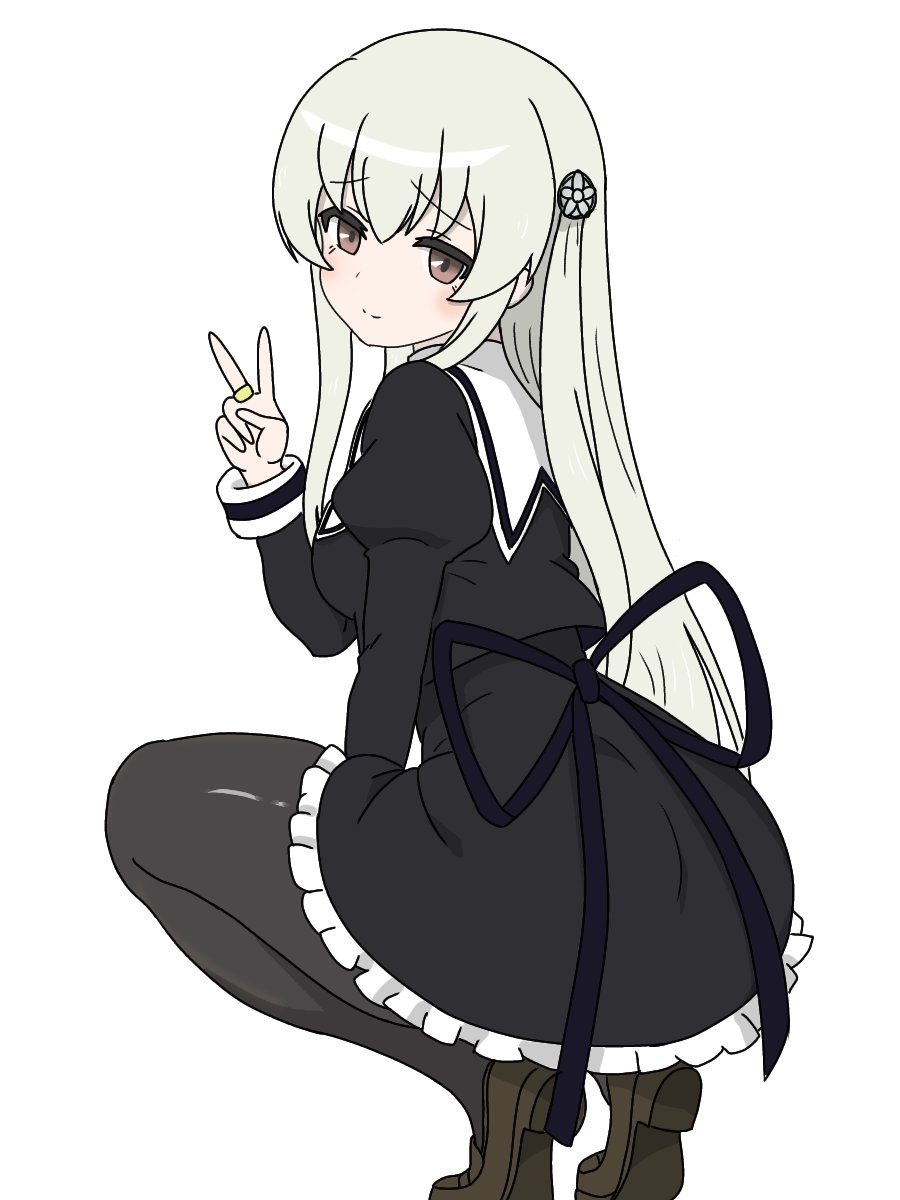 kimassi, egawa kusumi, assault lily, highres, 1girl, between legs, black pantyhose, black skirt, blush, brown eyes, brown shoes, closed mouth, cropped jacket, flower, frilled skirt, frills, from behind, full body, grey hair, hair flower, hair ornament, hand between legs, hand up, high-waist skirt, jewelry, juliet sleeves, light smile, loafers, long hair, long sleeves, looking at viewer, looking back, miniskirt, pantyhose, puffy sleeves, raised eyebrows, ring, school uniform, shoe soles, shoes, sidelocks, simple background, skirt, solo, squatting, tiptoes, v, white background, white flower, yurigaoka girls academy school uniform