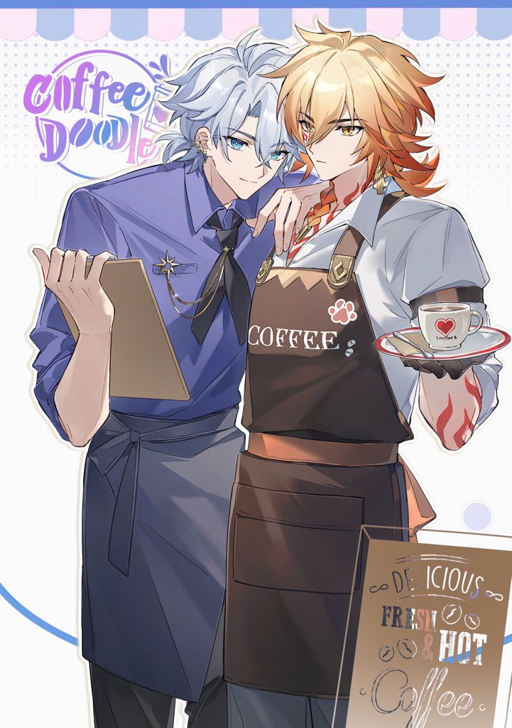 osamu18568716, mydei (delicacies) (honkai: star rail), mydei (honkai: star rail), phainon (honkai: star rail), honkai: star rail, honkai (series), 2boys, apron, black pants, braid, brown apron, closed mouth, collared shirt, crossed bangs, english text, grey hair, hair between eyes, hand up, male focus, medium hair, multiple boys, official alternate costume, orange eyes, orange hair, pants, parted bangs, purple shirt, red tattoo, shirt, short hair, single braid, smile, standing, white shirt